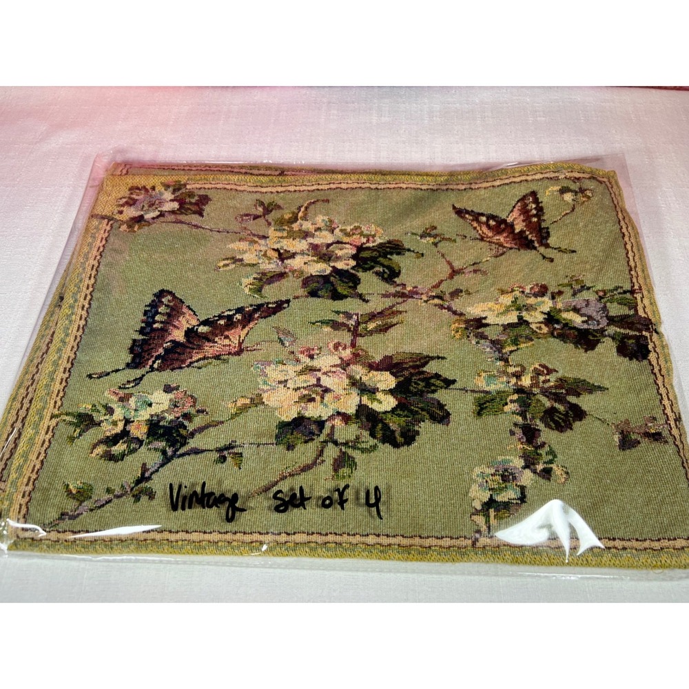 Vintage Floral Butterfly Woven Tapestry Placemats Sage Green Set of 4